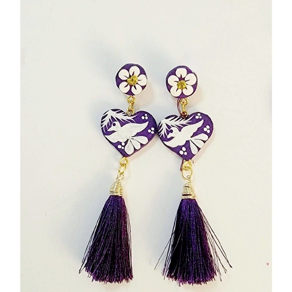 Jewelry - Purple Statement Earrings Tassels Handmade Hand Painted Birds Mexican Folk Art